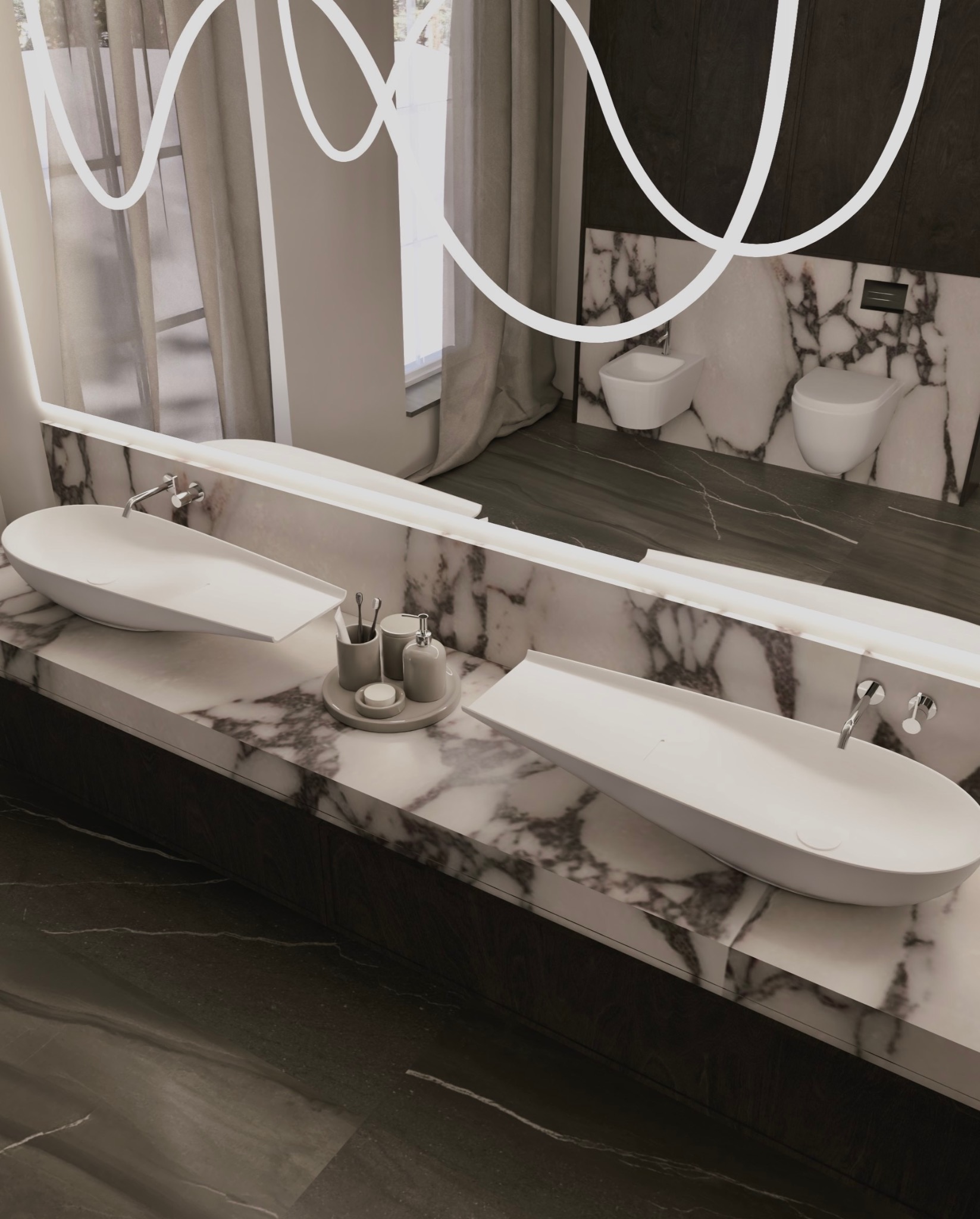 Nowoczesna łazienka z marmurowym blatem, dwiema owalnymi umywalkami i minimalistycznymi akcesoriami. W tle widoczne toaleta i bidet na marmurowej ścianie.
