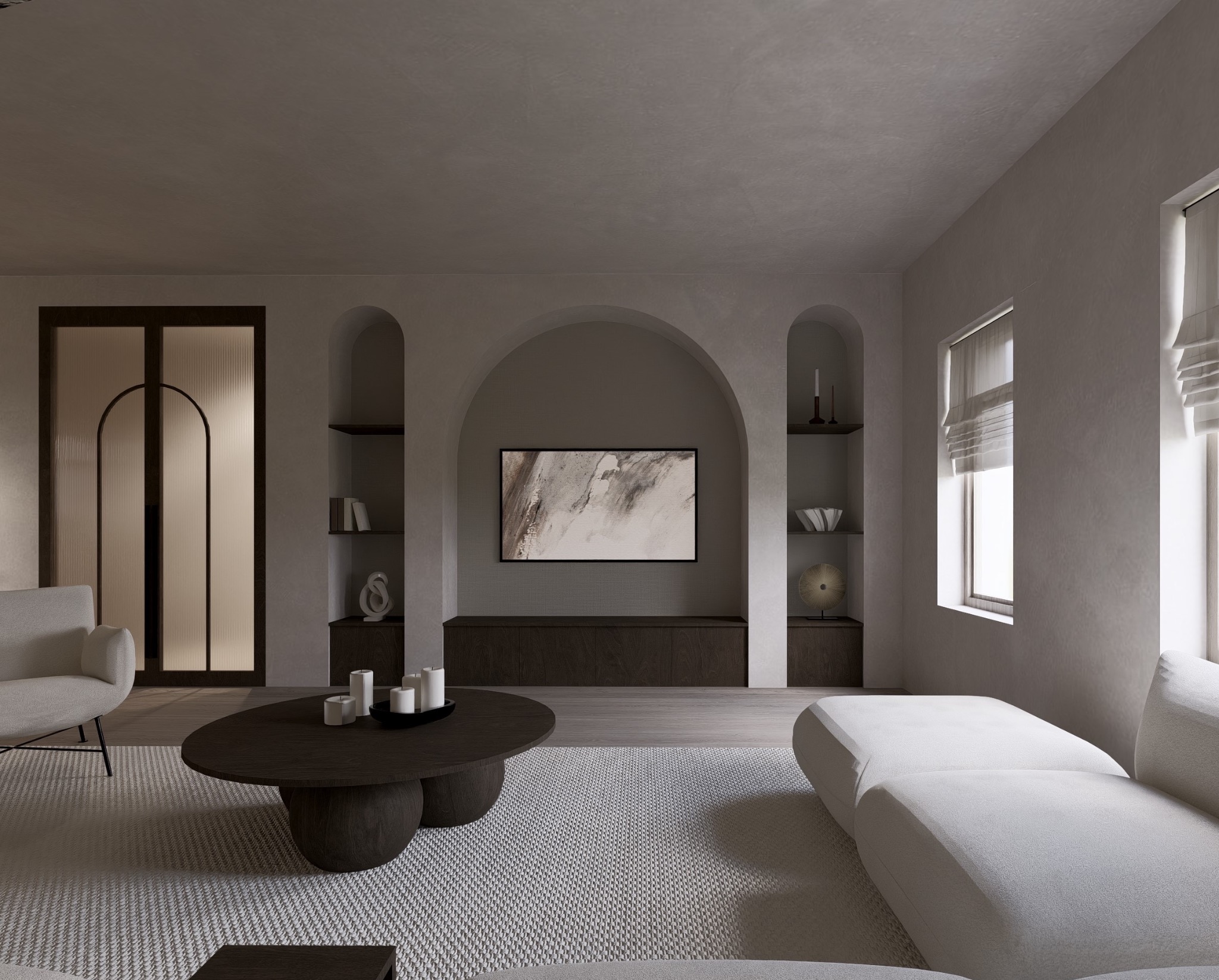 Neutralna aranżacja salonu z łukami, ciemnym stolikiem kawowym i jasną sofą. Minimalistyczny design z akcentami dekoracyjnymi na półkach.