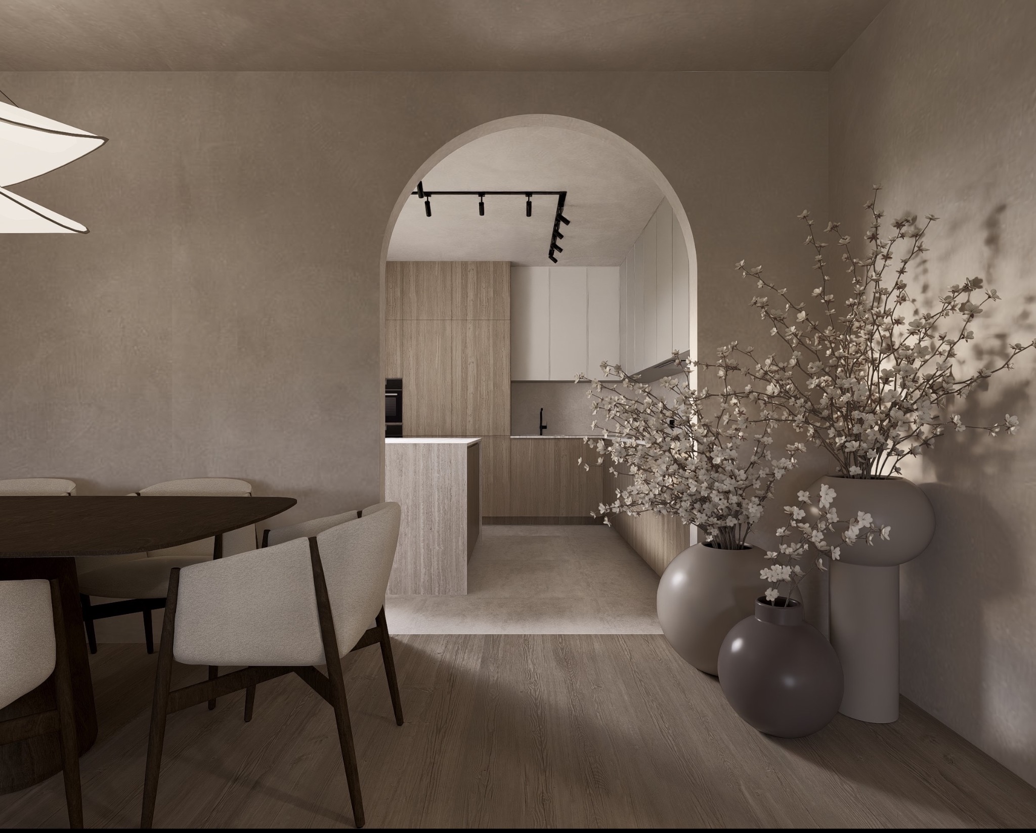 Stylowe wnętrze z łukowym przejściem do kuchni. Minimalistyczny stół z krzesłami, dekoracyjne wazony z kwitnącymi gałązkami. Ciepła kolorystyka, drewniane akcenty.