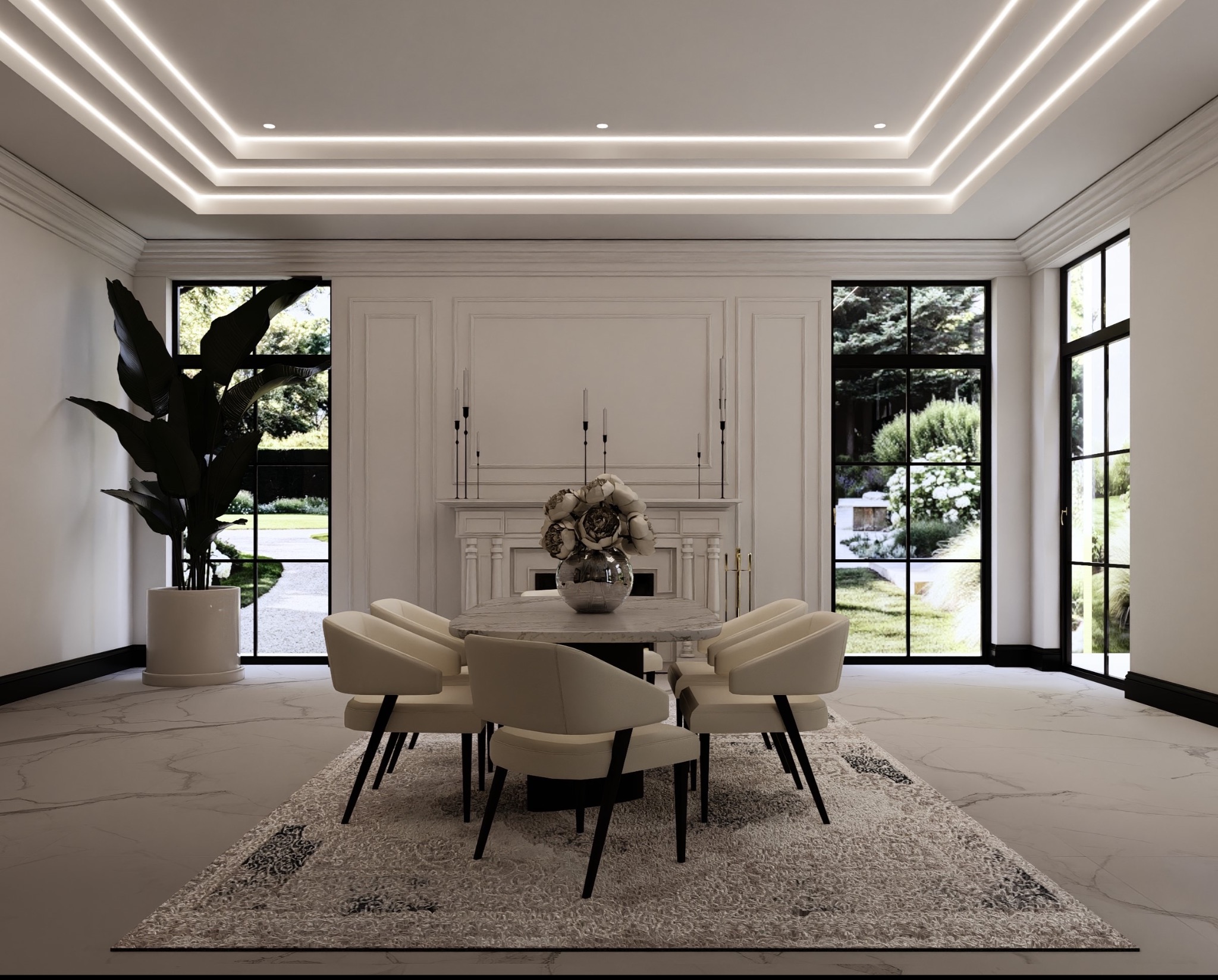 Elegancka jadalnia z marmurową podłogą, okrągłym stołem i kremowymi krzesłami. W tle kominek i duże okna z widokiem na ogród. Oświetlenie sufitowe LED.