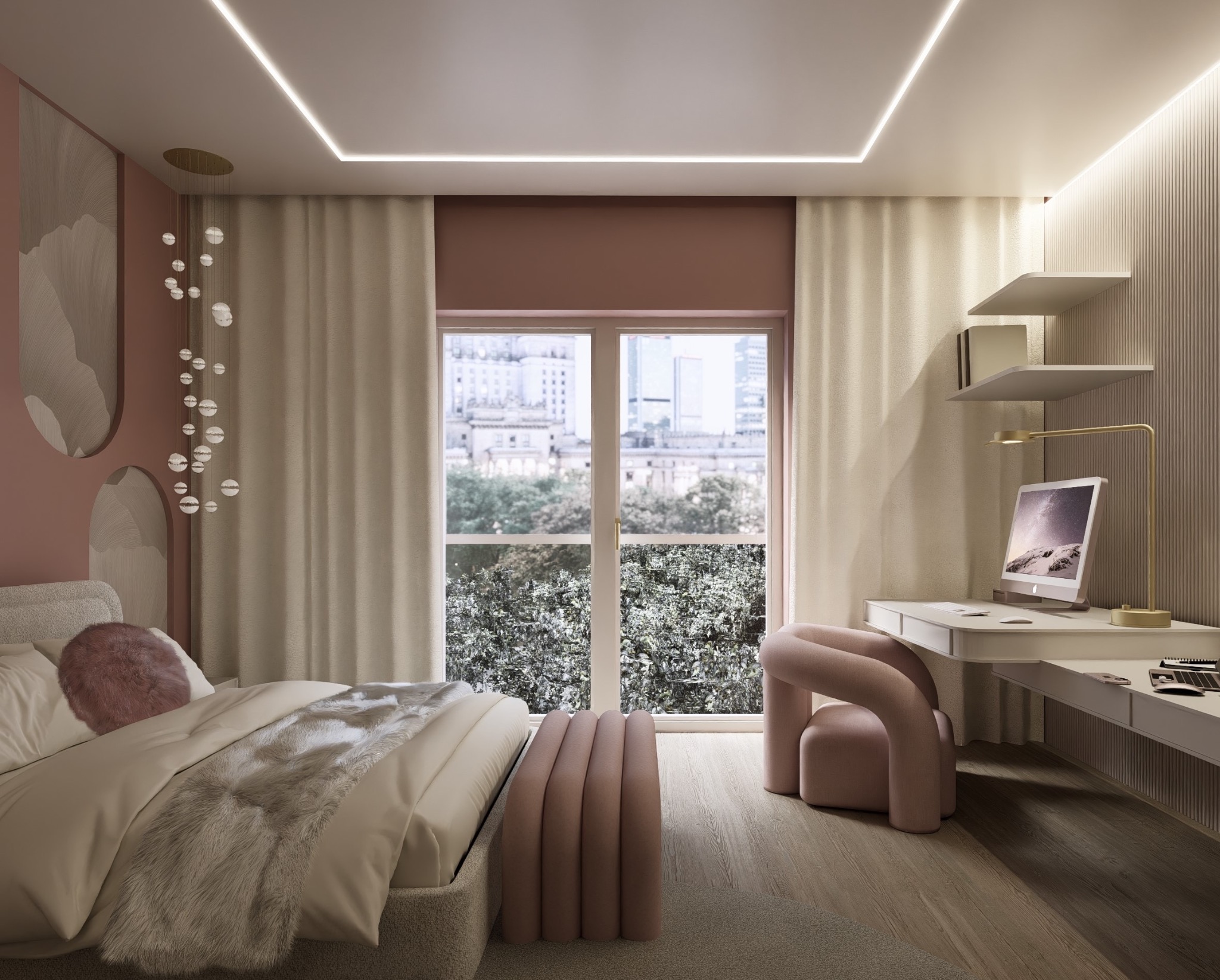 Nowoczesna sypialnia z miejscem do pracy: łóżko z dekoracyjną poduszką, biurko z komputerem i designerskie krzesło na tle okna z widokiem na miasto.
