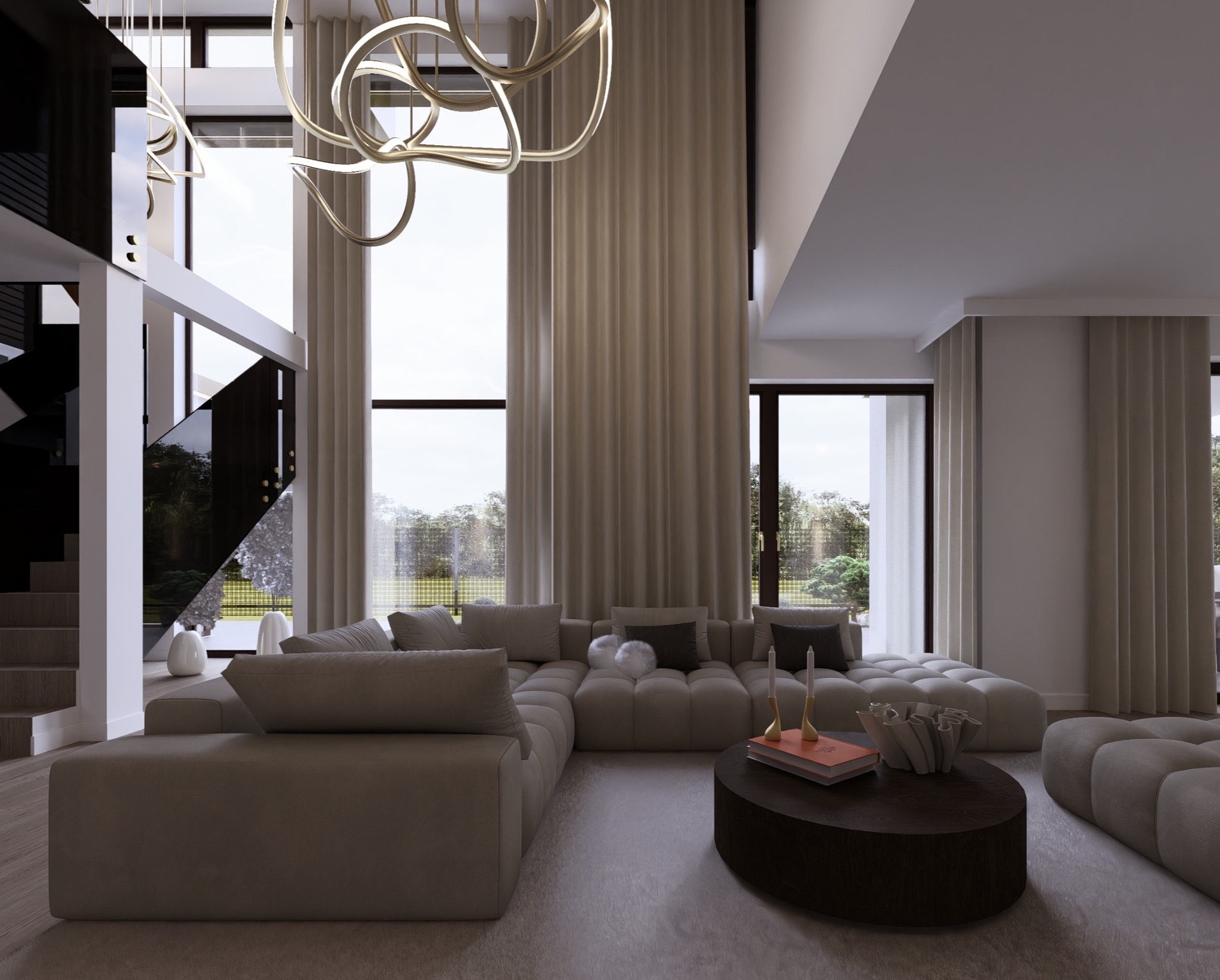 Jasny salon z beżową sofą modułową, okrągłym stolikiem kawowym i abstrakcyjną lampą. Duże okna z widokiem na zieleń. Minimalistyczne schody z czarnym szkłem.