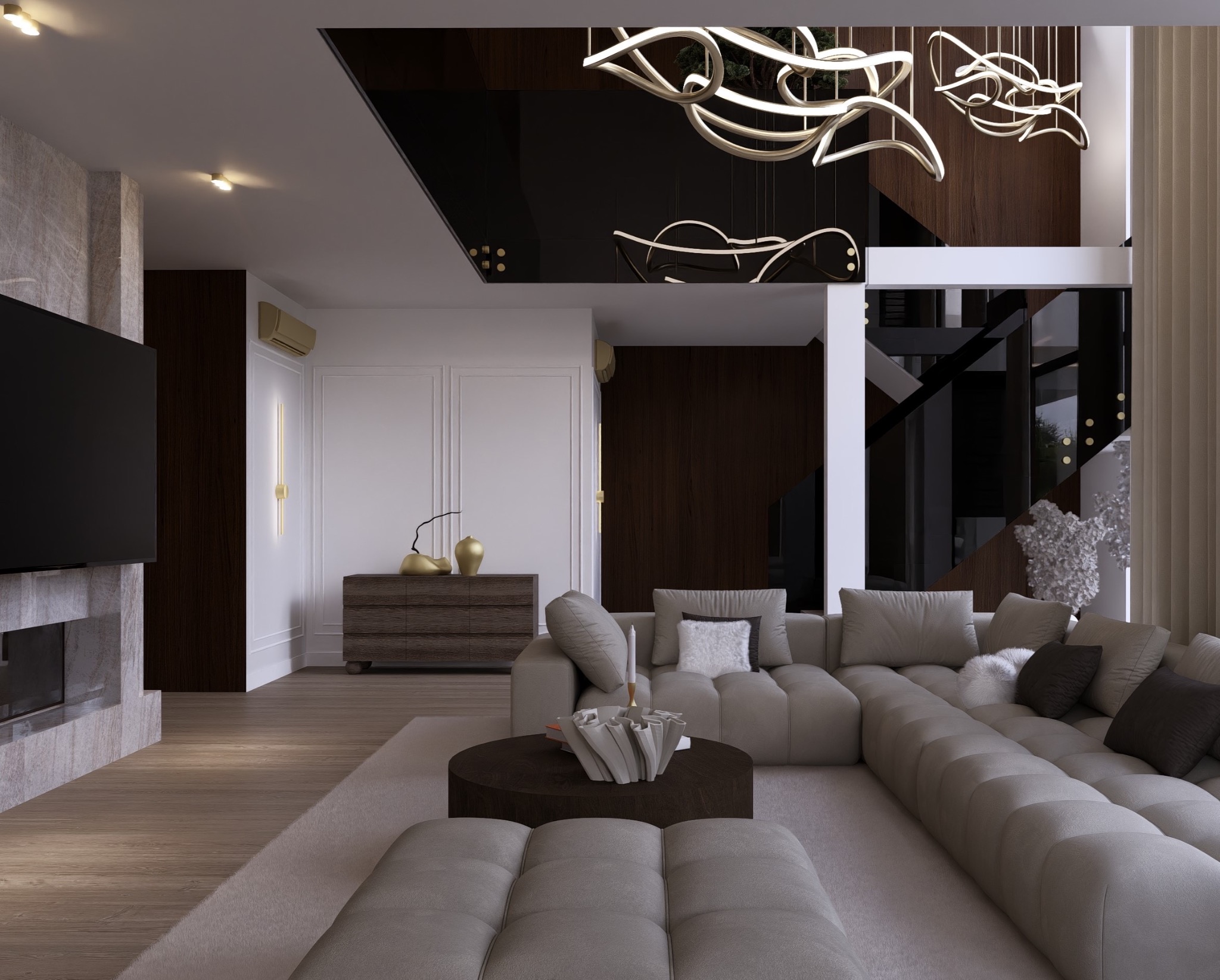 Elegancki salon z narożną sofą, stolikiem kawowym i dekoracyjnym oświetleniem. Widoczne elementy drewniane, marmurowy kominek i schody z czarnymi elementami.