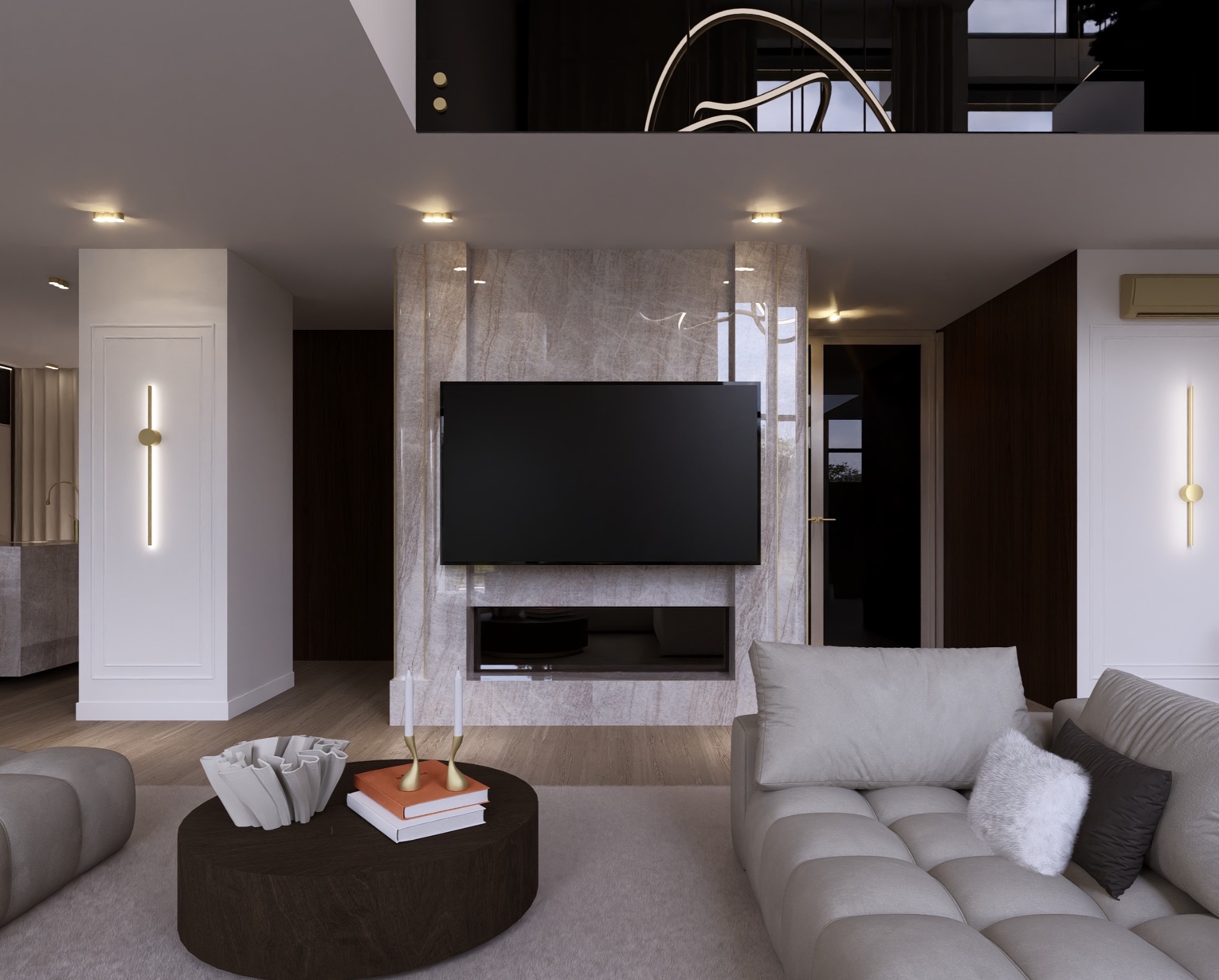 Elegancki salon z marmurową ścianą TV, nowoczesnym oświetleniem i sofą w odcieniach szarości. Na stoliku dekoracje i książki. Minimalistyczny design wnętrza.