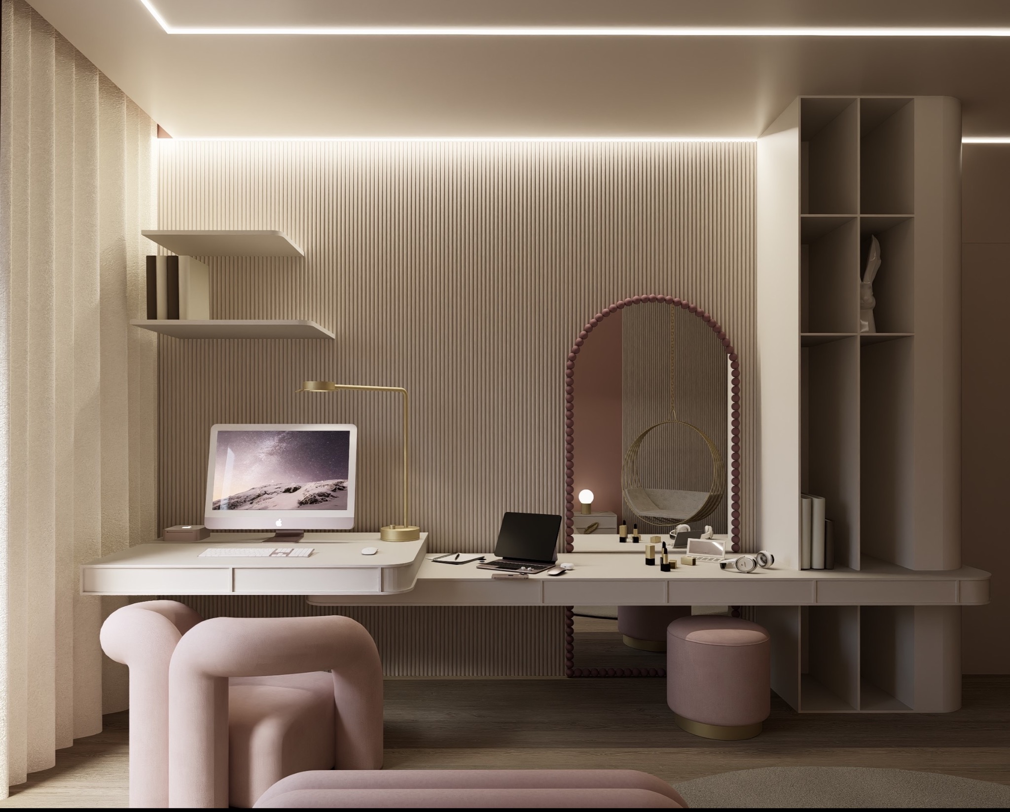 Beżowe wnętrze pokoju z toaletką, lustrem w stylu retro, komputerem i designerskim krzesłem. Minimalistyczny wystrój z oświetleniem LED i półkami.