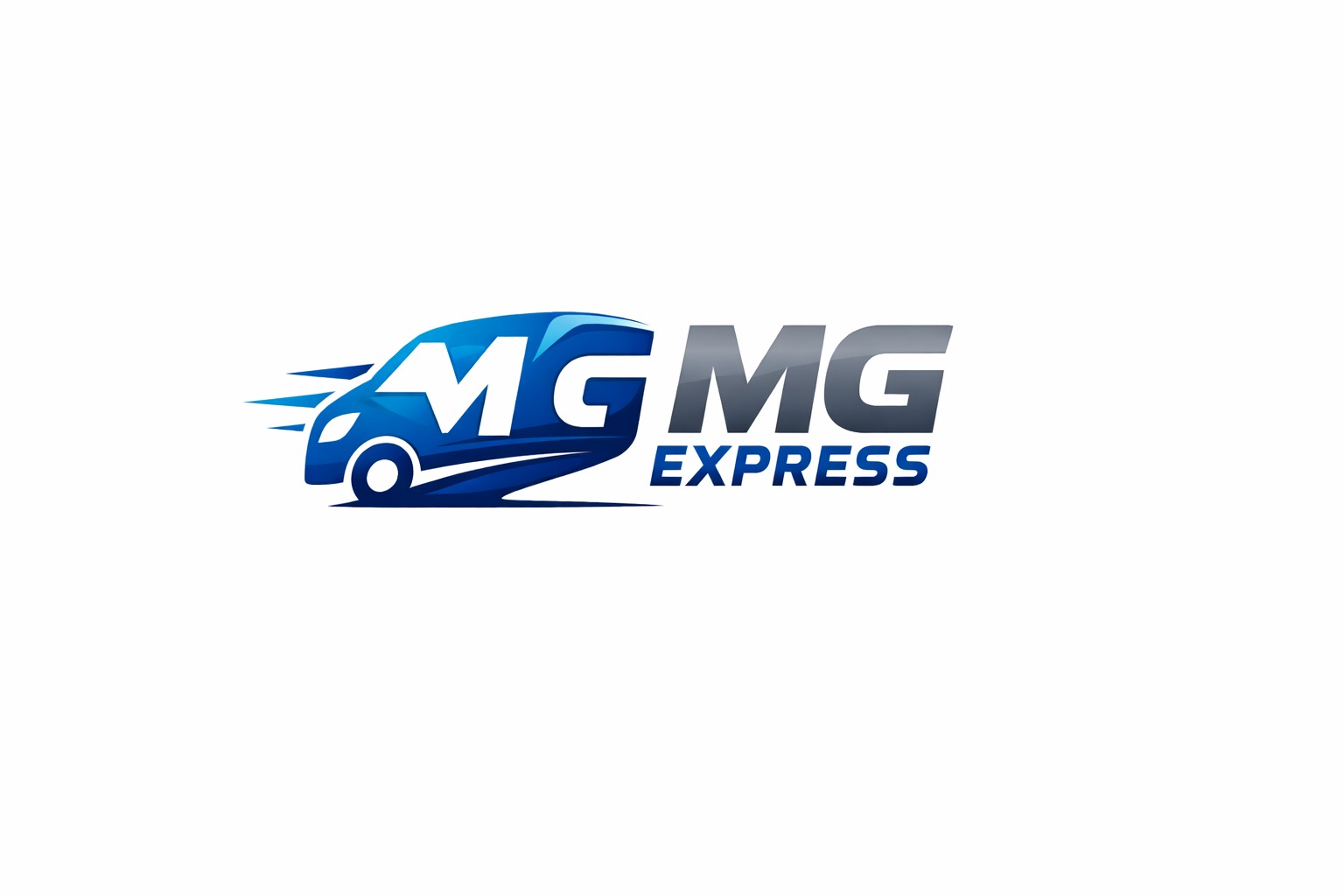 Dynamiczne logo firmy transportowej MG MG Express. Stylizowany, niebieski bus w ruchu z nazwą firmy. Nowoczesny design na białym tle.