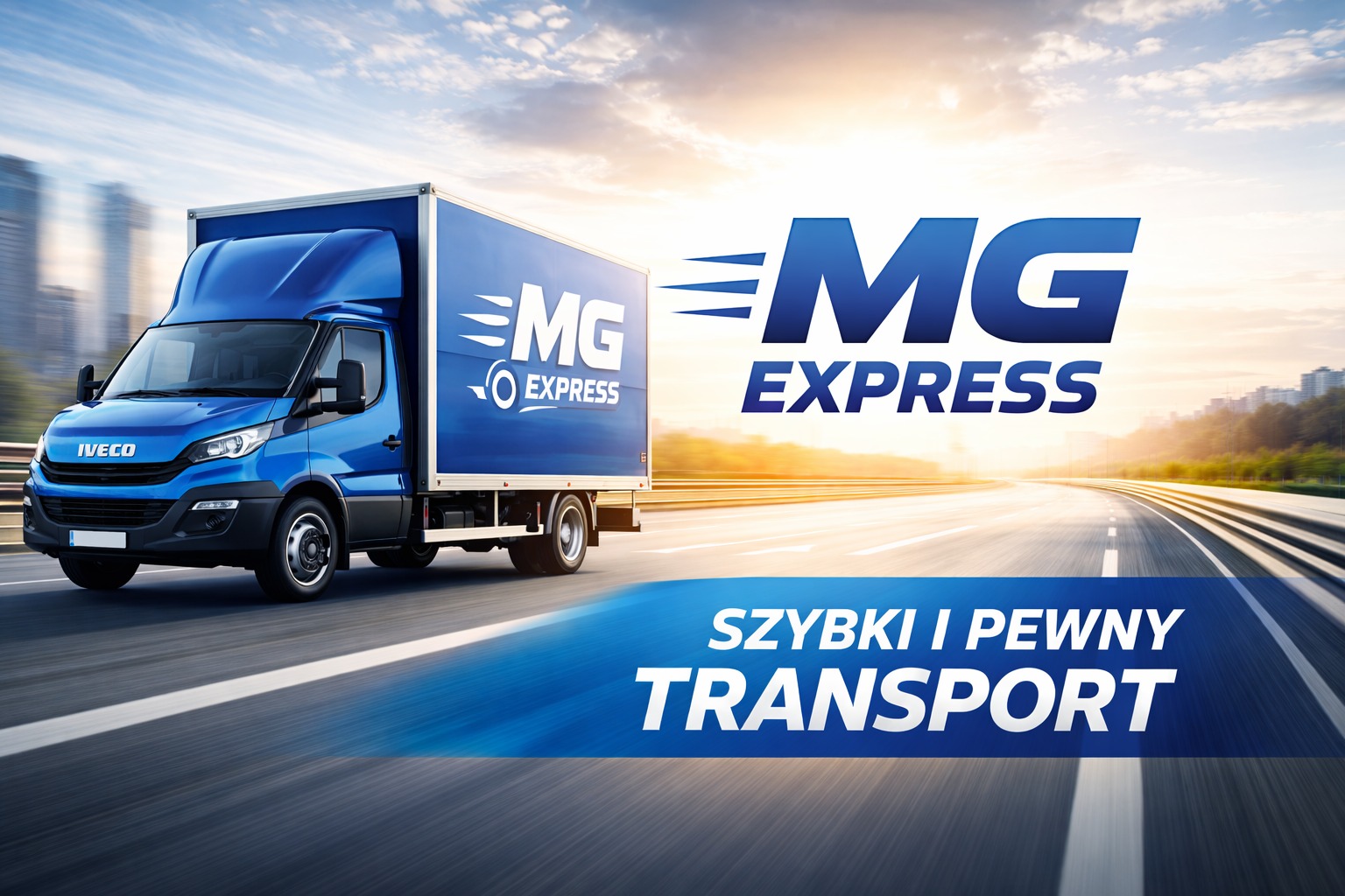 Niebieski bus dostawczy MG Express na drodze w Poznaniu, z logotypem firmy i hasłem 'Szybki i pewny transport'. Dynamiczne ujęcie w ruchu, budynki w tle.