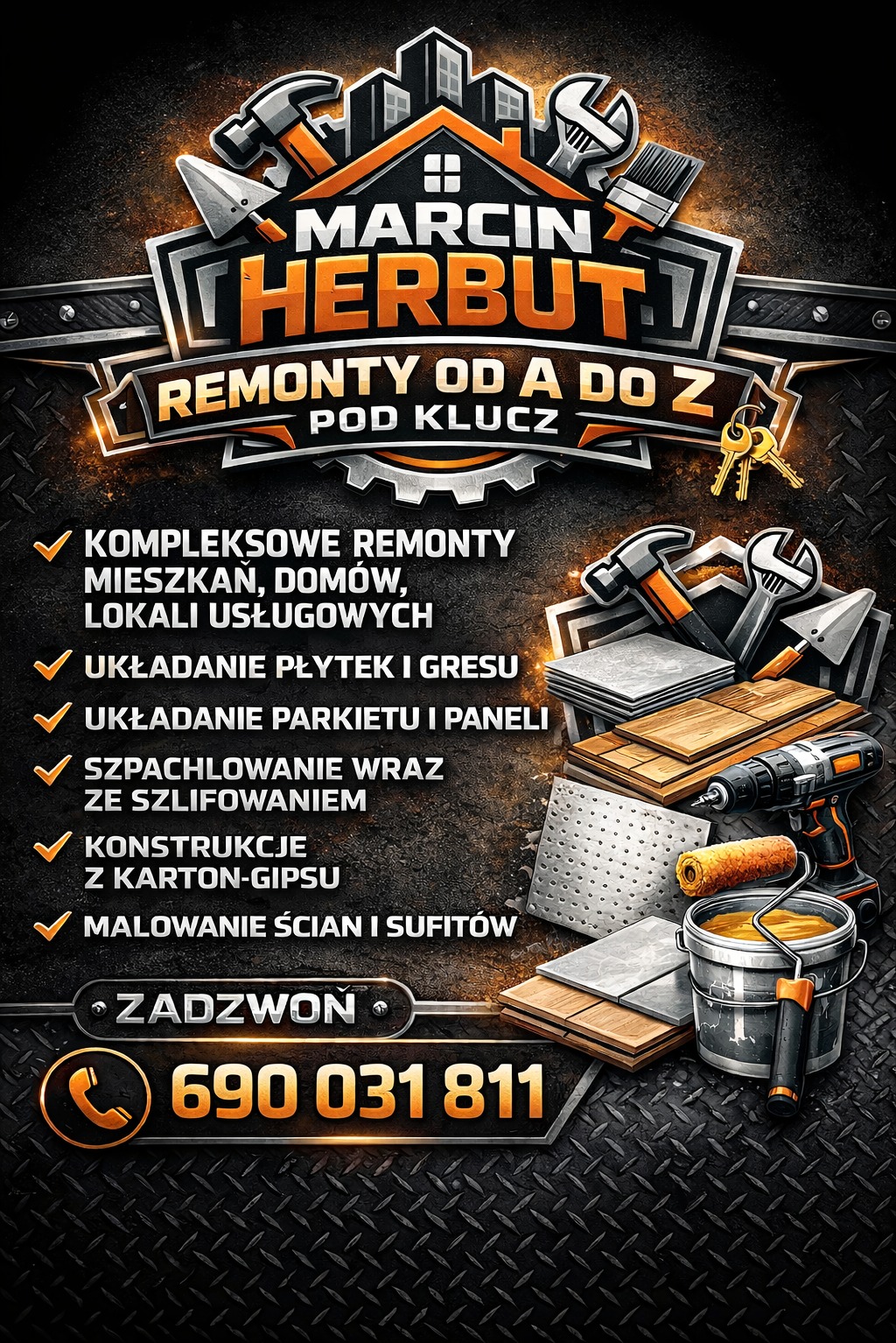 Grafika reklamowa firmy remontowej: Marcin Herbut, remonty od A do Z pod klucz. Usługi: kompleksowe remonty, układanie płytek, parkietu, szpachlowanie, konstrukcje z karton gipsu, malowanie.