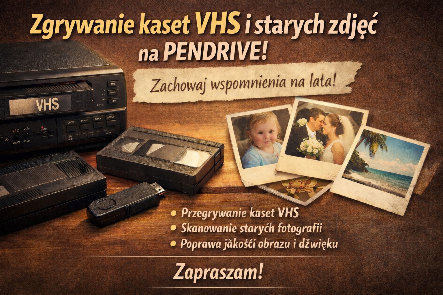 Przegrywanie kaset VHS i skanowanie zdjęć na pendrive. Magnetowid VHS, kasety, pendrive i stare zdjęcia na drewnianym tle. Napis: Zachowaj wspomnienia na lata!