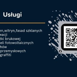 Declean Mycie Ciśnieniowe - Grafika z listą usług czyszczenia: okien, elewacji, kostki brukowej, paneli fotowoltaicznych, dachów, hal przemysłowych i usuwania graffiti. Obok kod QR.