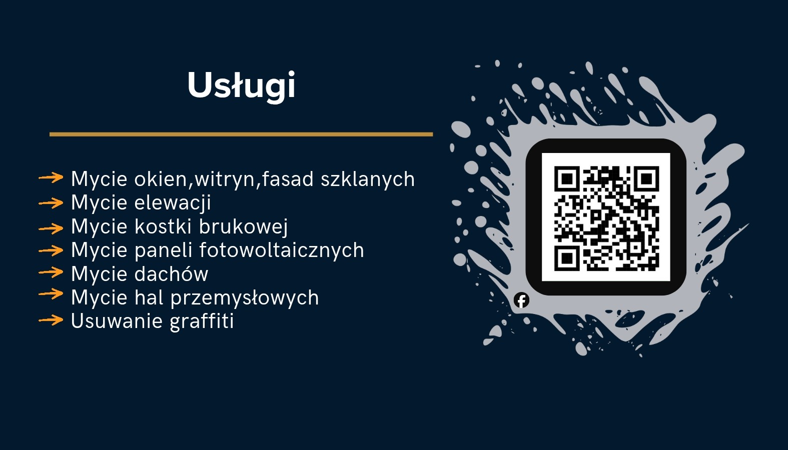 Grafika z listą usług czyszczenia: okien, elewacji, kostki brukowej, paneli fotowoltaicznych, dachów, hal przemysłowych i usuwania graffiti. Obok kod QR.