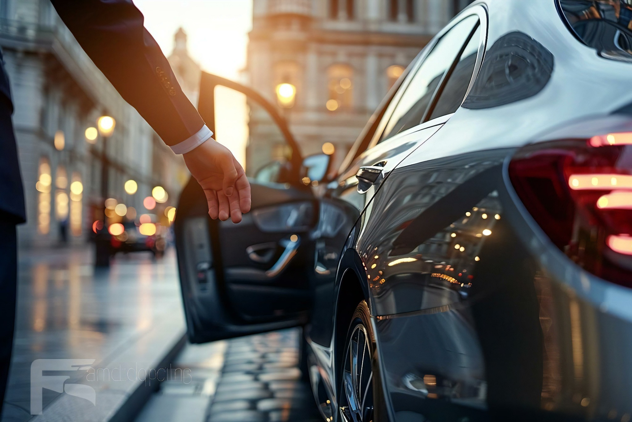 Elegancki, srebrny samochód z otwartymi drzwiami na tle miejskiej ulicy z oświetleniem. Dłoń w mankiecie garnituru zaprasza do wejścia.