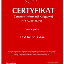 TaxOwl spółka z ograniczoną odpowiedzialnością - Czerwony certyfikat Centrum Informacji Księgowej dla TaxOwl sp. z o.o., potwierdzający pozytywną weryfikację usług księgowych, z datą wydania 15.02.2026.