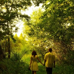 FotoShot - Para trzymająca się za ręce spaceruje leśną ścieżką w słoneczny dzień. Kobieta w żółtej sukience, mężczyzna w żółtej koszuli. Ujęcie z perspektywy osoby idącej za nimi.