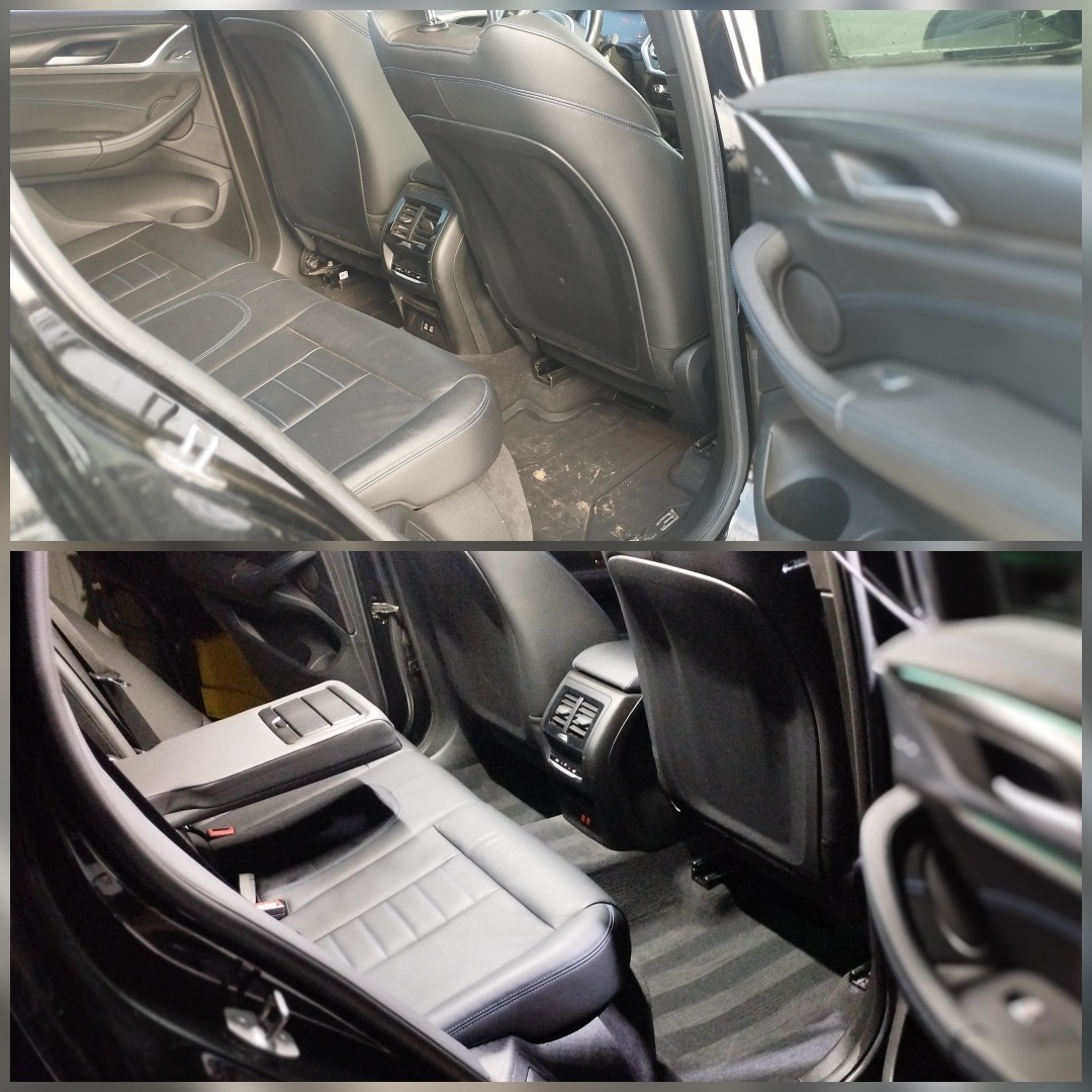 Czarno-białe ujęcie wnętrza samochodu przed i po czyszczeniu tapicerki skórzanej. Widoczne różnice w czystości siedzeń i dywaników.