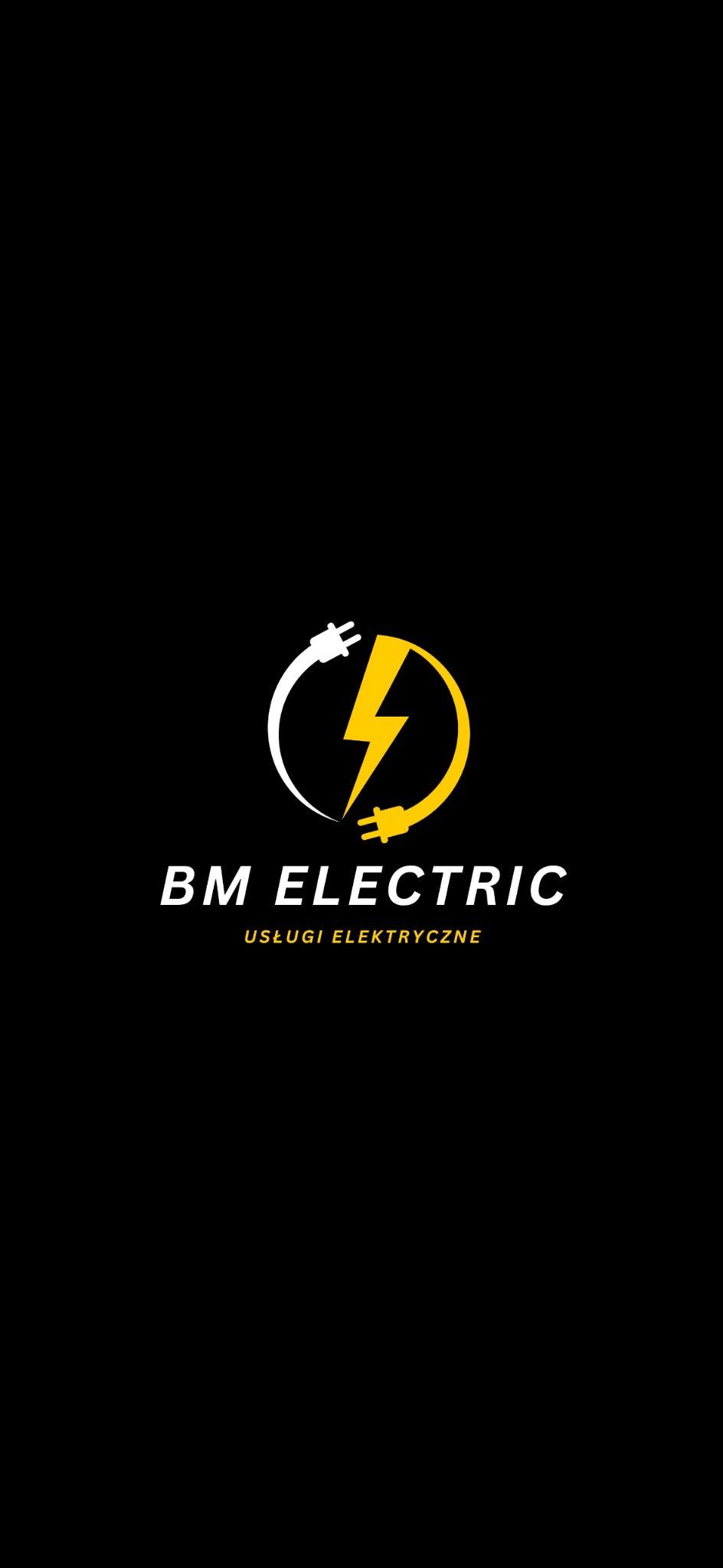 Logo firmy BM Electric na czarnym tle. Symbol błyskawicy w okręgu z wtyczek. Pod spodem napis 'BM ELECTRIC' i 'USŁUGI ELEKTRYCZNE' w kolorze białym.