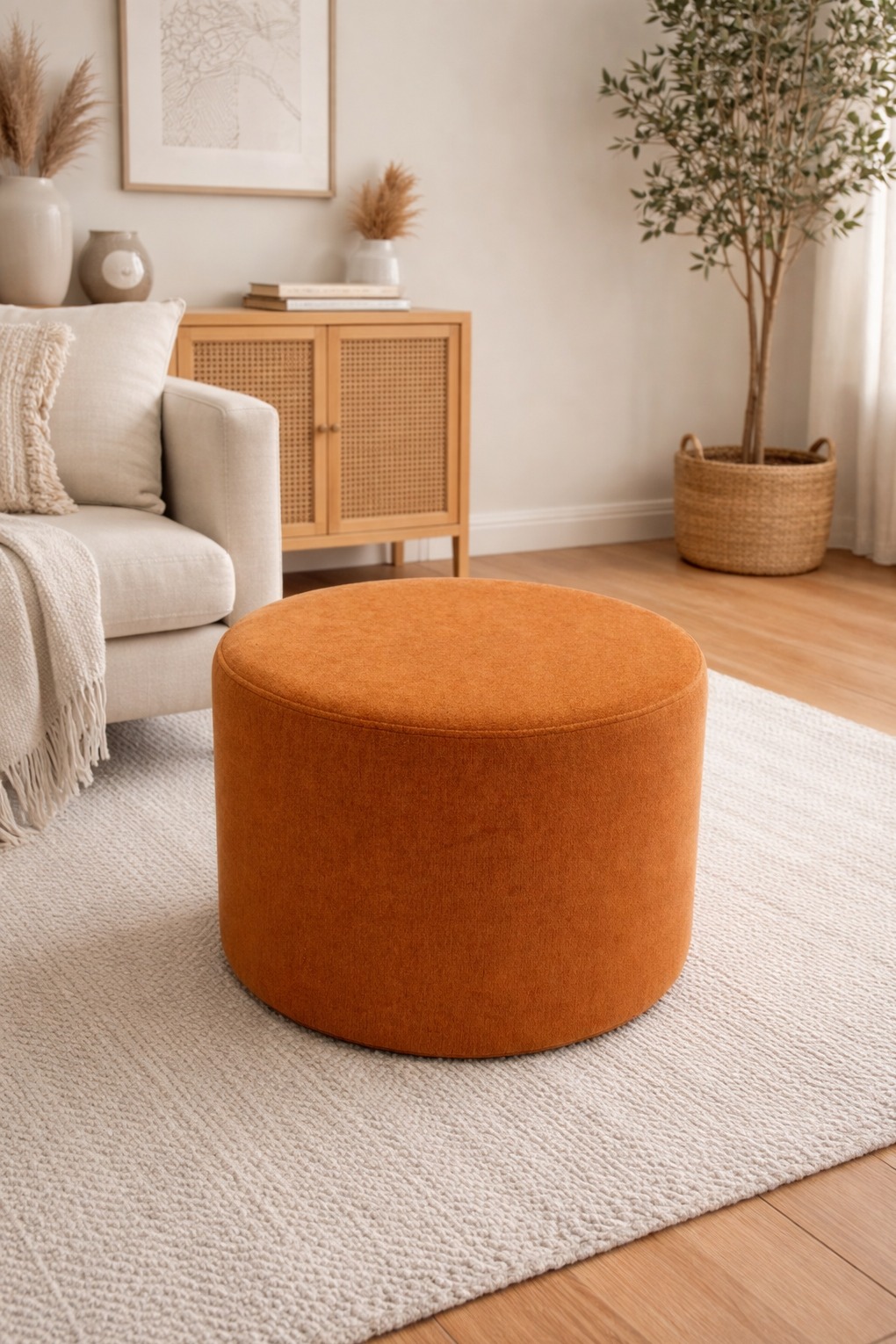 Pomarańczowa, okrągła pufa tapicerowana na tle jasnego dywanu i mebli w stylu skandynawskim. Neutralna kolorystyka wnętrza, miękkie światło dzienne.