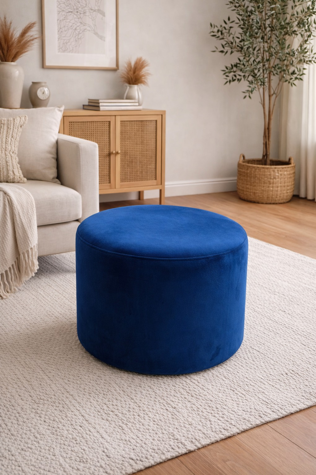 Granatowy, okrągły puf na tle jasnego dywanu i beżowej sofy. W tle komoda z rattanowymi drzwiczkami i roślina doniczkowa. Minimalistyczny wystrój wnętrza.