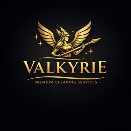Valkyrie - Złoty logotyp 'Valkyrie Premium Cleaning Services' na czarnym tle. Grafika przedstawia postać Walkirii ze skrzydłami i włócznią, otoczoną gwiazdami.
