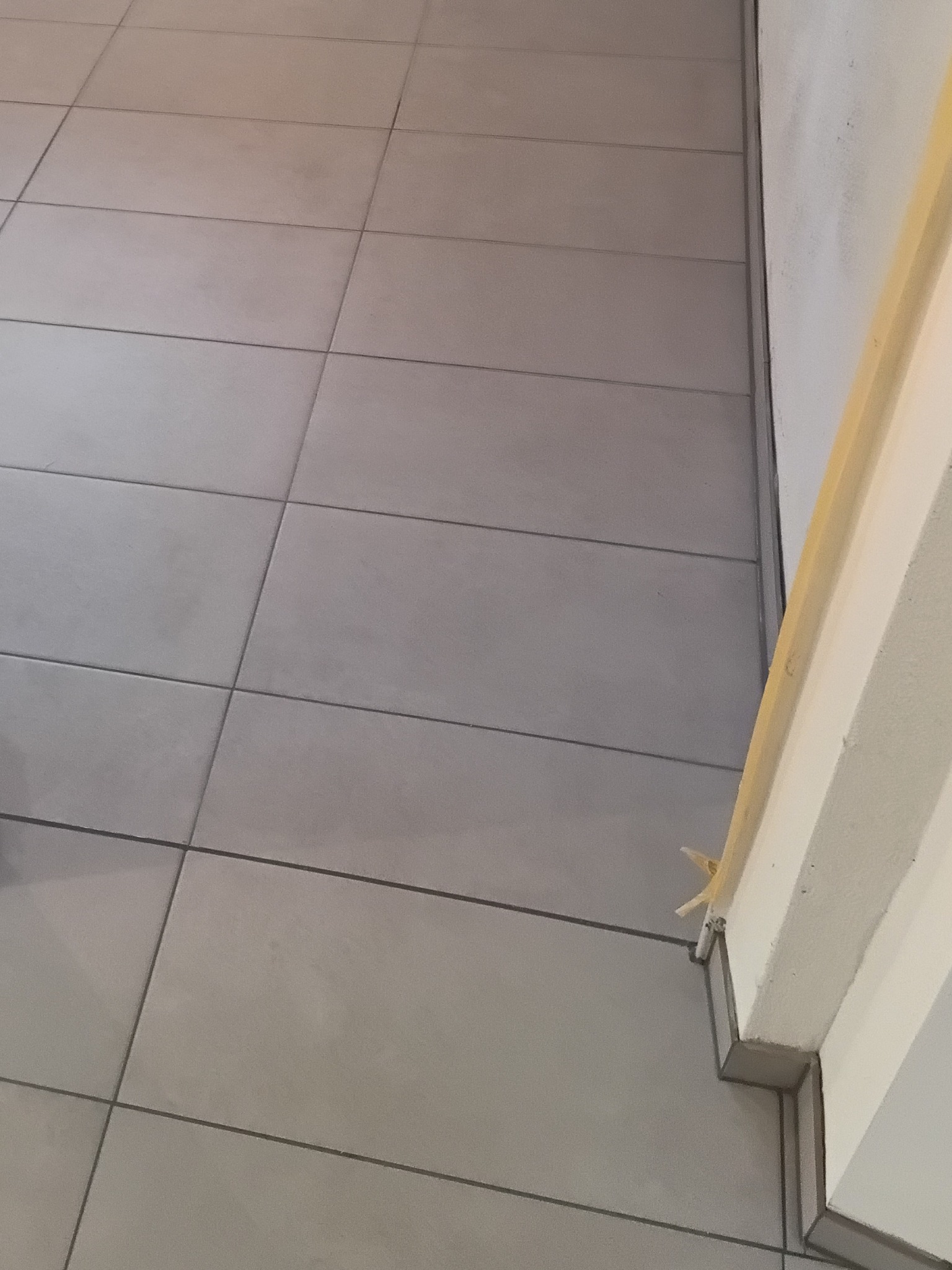 Ułożone jasnoszare płytki podłogowe, widoczne fugi i fragment ściany z listwą przypodłogową. Ujęcie z góry, blisko podłogi, z akcentem na detale wykończenia.