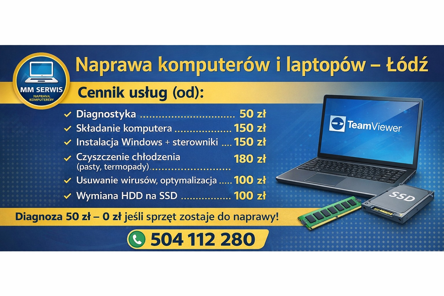 Cennik usług naprawy komputerów i laptopów w Łodzi. Diagnostyka, składanie, instalacja Windows, czyszczenie chłodzenia, usuwanie wirusów, wymiana HDD na SSD. Kontakt telefoniczny.