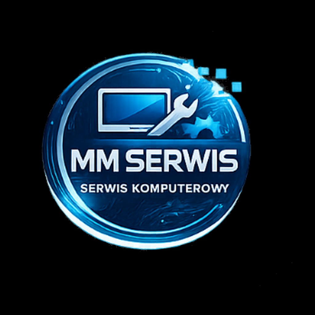 Logo MM Serwis komputerowy: monitor, klucz, zębatka w niebieskiej tonacji na czarnym tle. Napis: MM Serwis, Serwis Komputerowy.