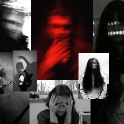 Maria Chęcińska - Czarno-biały kolaż portretów o różnej ekspozycji i ostrości, z elementami czerwieni i dymu, tworzący artystyczny, niepokojący efekt wizualny.