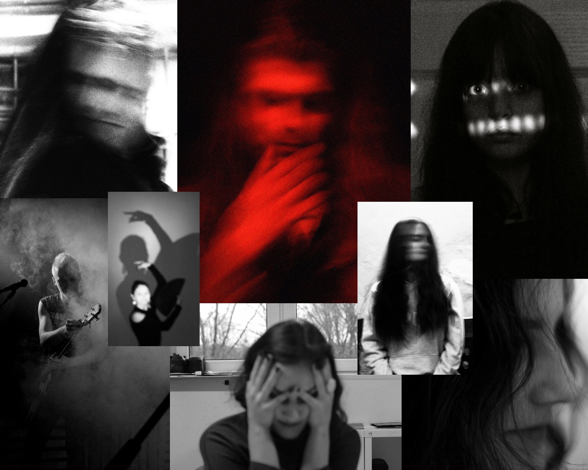 Czarno-biały kolaż portretów o różnej ekspozycji i ostrości, z elementami czerwieni i dymu, tworzący artystyczny, niepokojący efekt wizualny.
