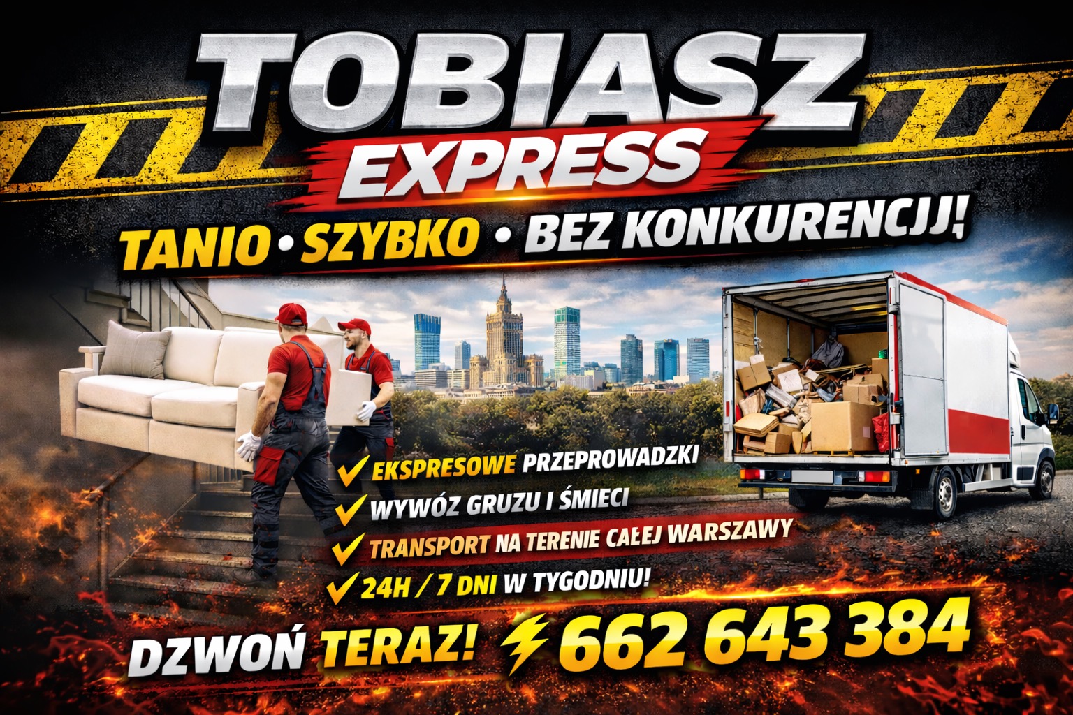 Dynamiczna reklama firmy przeprowadzkowej: pracownicy niosą sofę na tle panoramy Warszawy, obok bus wypełniony kartonami. Oferta: ekspresowe przeprowadzki, wywóz gruzu, transport 24/7.