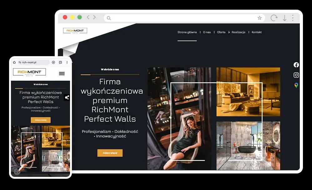 Responsywna strona internetowa firmy RichMont Perfect Walls, wyświetlana na ekranie komputera i smartfona. Prezentacja oferty i realizacji w wykończeniu wnętrz.