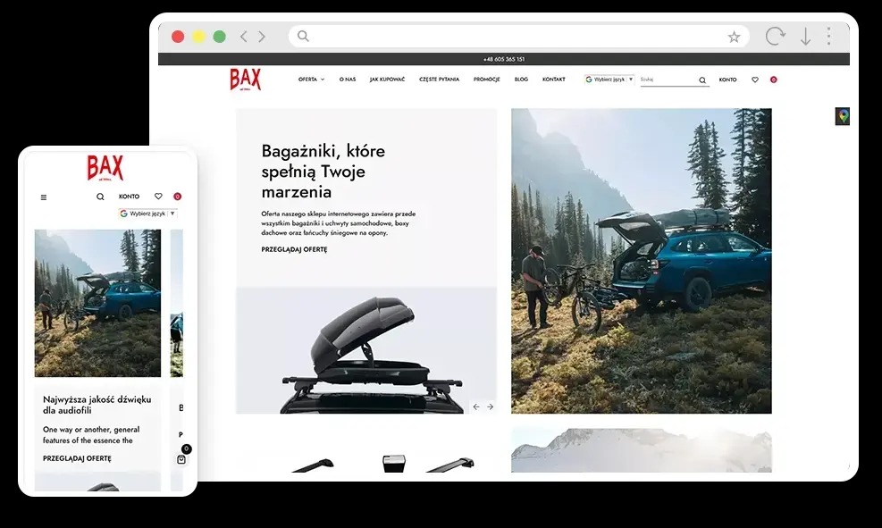 Prezentacja responsywnej strony internetowej BAX na laptopie i smartfonie. Widok strony głównej z ofertą bagażników samochodowych i akcesoriów.