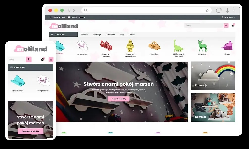 Responsywny design strony internetowej Moliland na laptopie i smartfonie. Prezentacja sklepu z artykułami dla dzieci, z uwzględnieniem UX/UI.