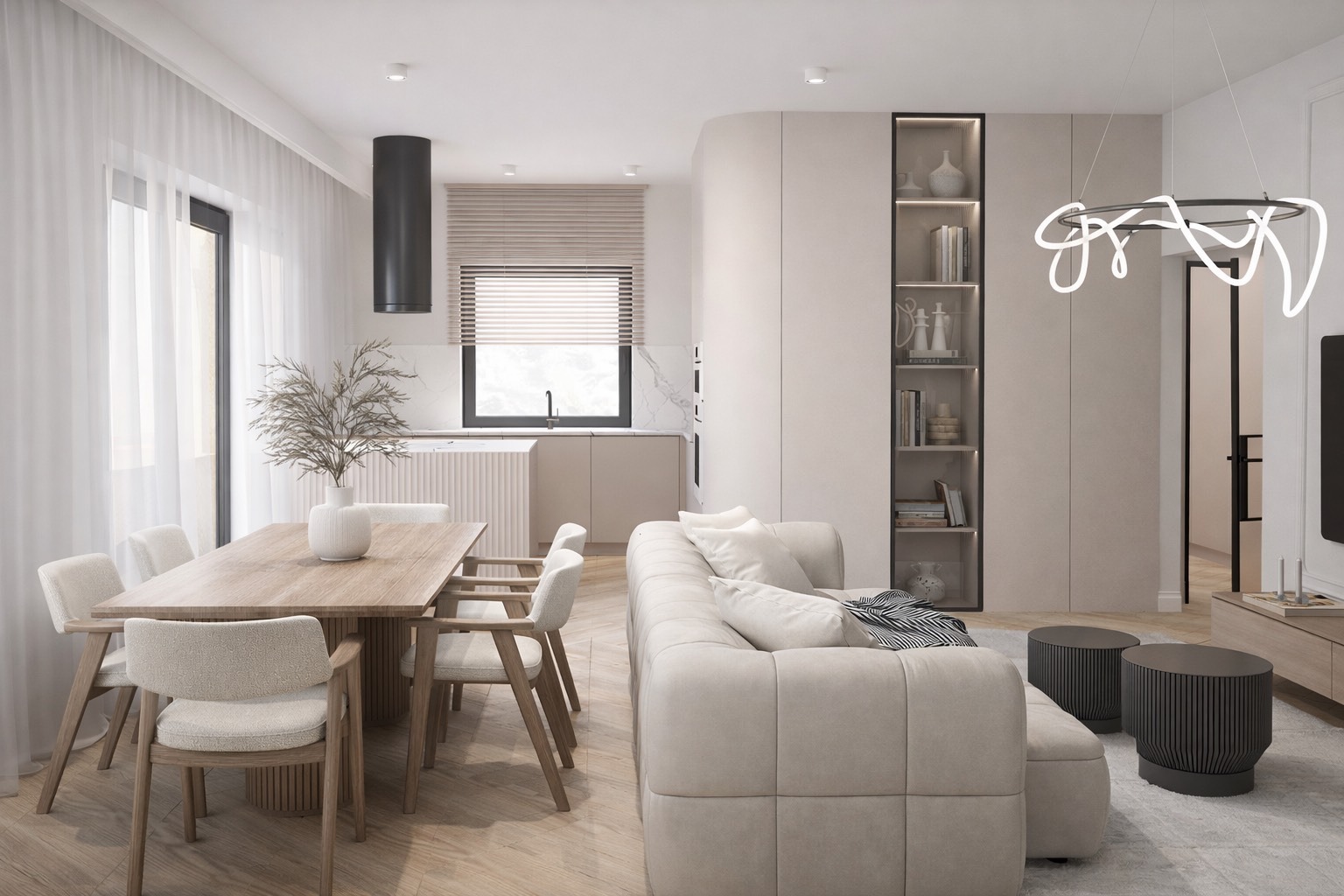 Jasne wnętrze domu: stół z krzesłami, sofa, regał z książkami, nowoczesna lampa. Minimalistyczny design z elementami drewna i beżu. Widok na kuchnię w tle.