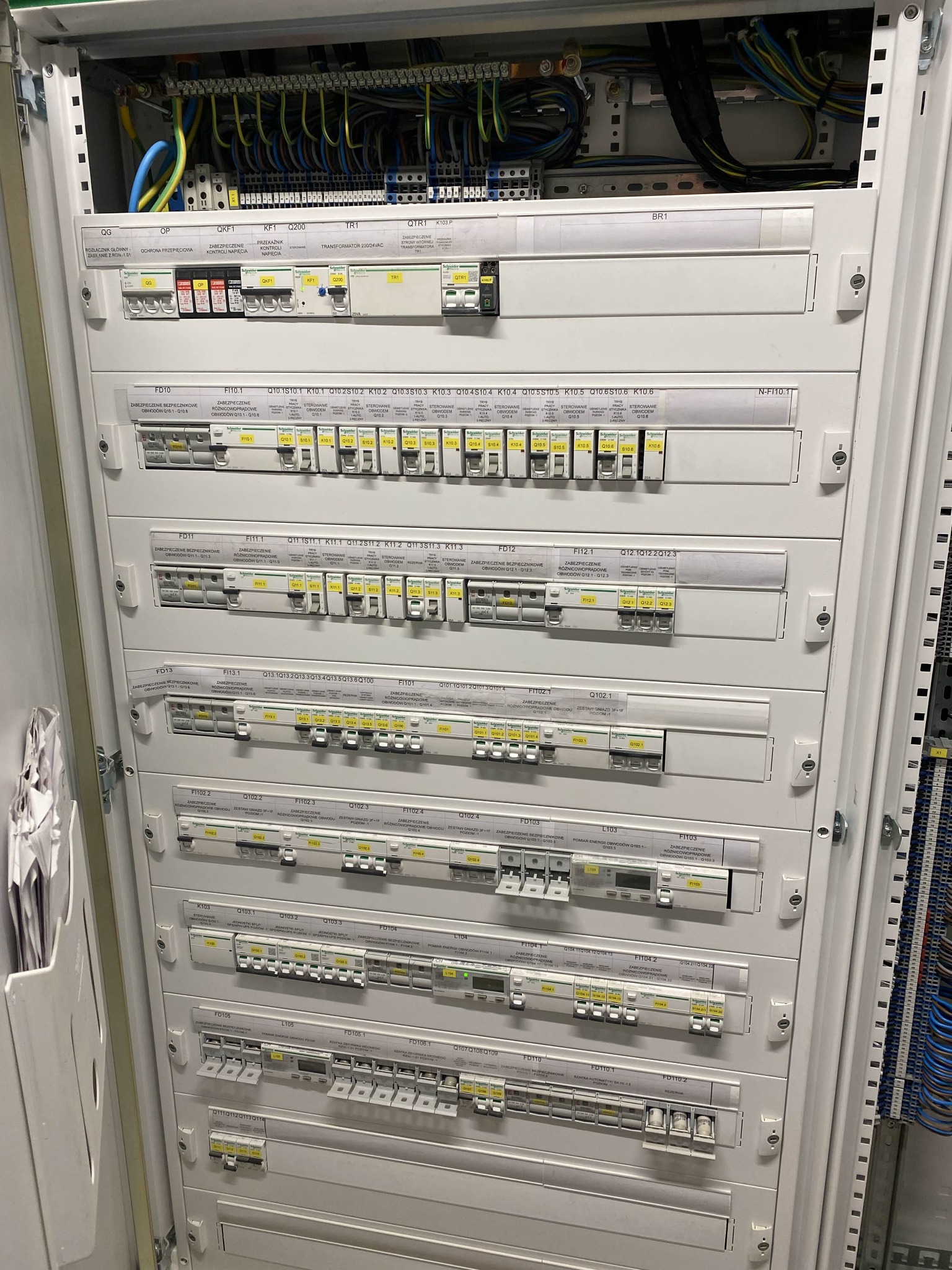 Rozdzielnica elektryczna z licznymi zabezpieczeniami i oznaczeniami, widoczne przewody i elementy sterujące. Całość w metalowej obudowie.