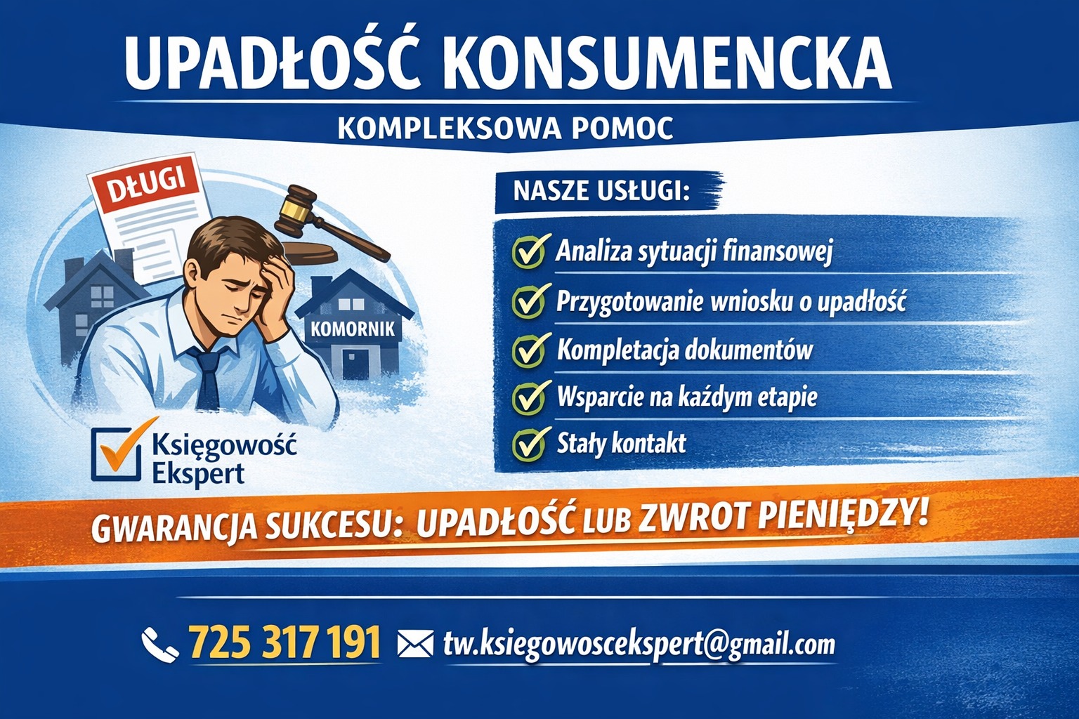 Grafika: Zmartwiony mężczyzna, długi, komornik, usługi analizy finansowej, przygotowania wniosku o upadłość, wsparcia. Gwarancja sukcesu lub zwrot pieniędzy.