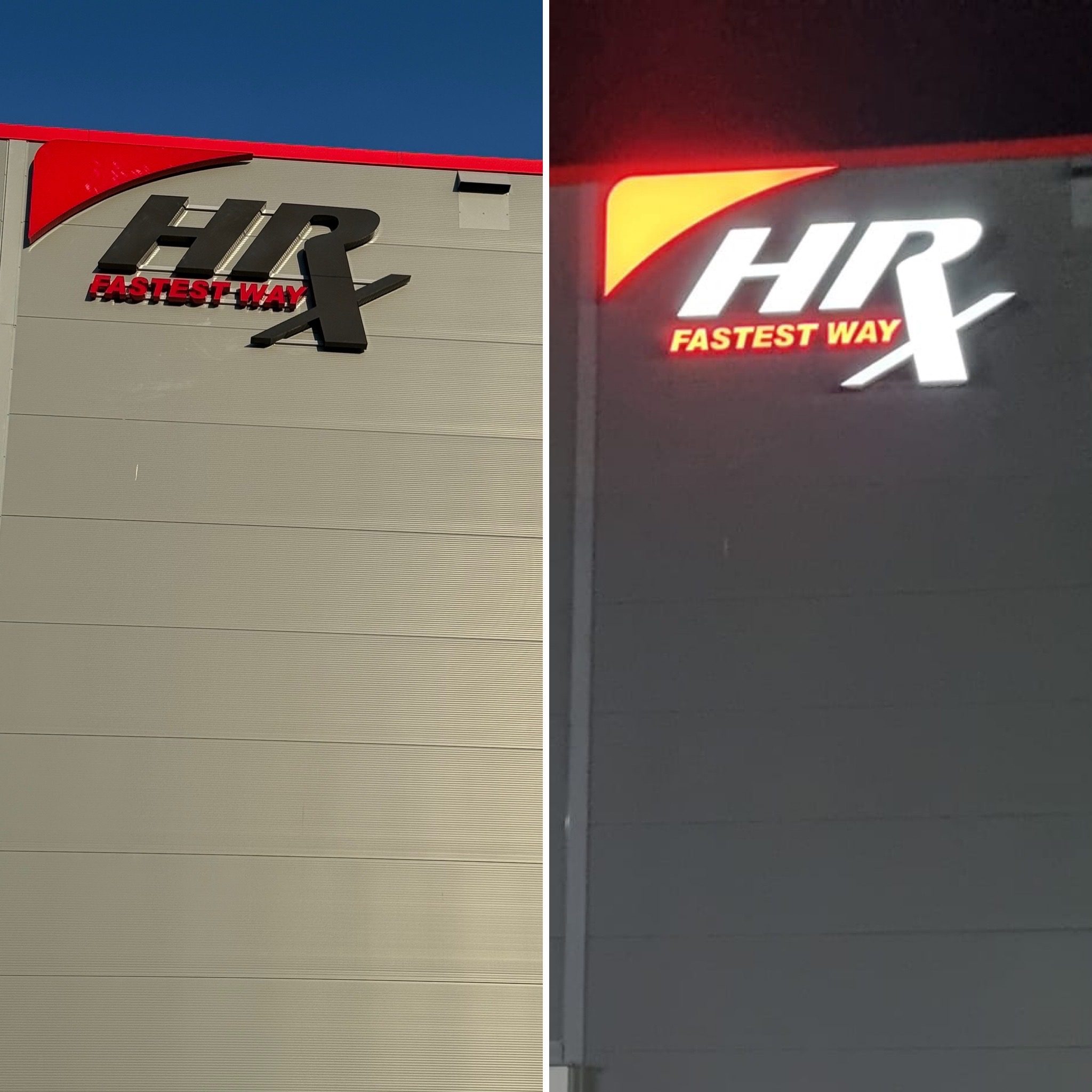 Dwie wersje reklamy 3D biurowca: dzienna z czarnym logo i nocna z podświetlonym na biało logo 'HRx Fastest Way' na szarym tle.