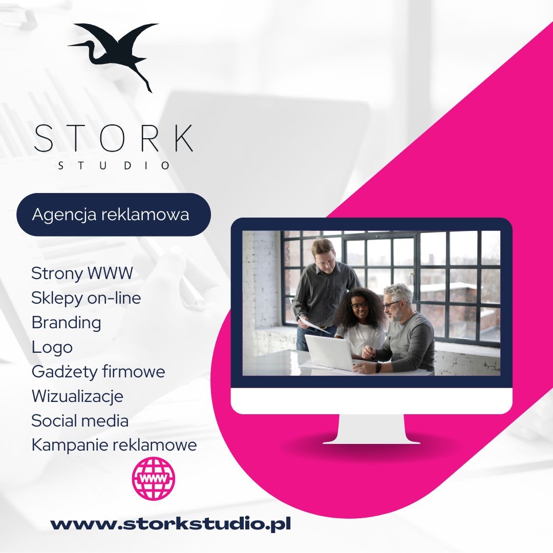 Agencja reklamowa Stork Studio prezentuje ofertę: strony WWW, sklepy on-line, branding, logo, gadżety firmowe, wizualizacje, social media, kampanie reklamowe. Zespół przy laptopie.