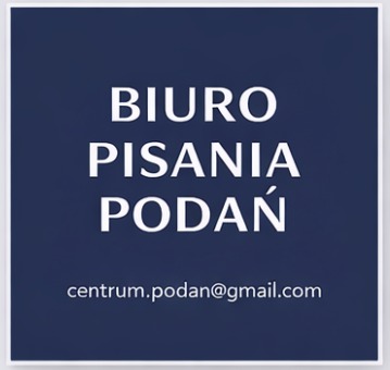Niebieski kwadrat z białym tekstem: 'BIURO PISANIA PODAŃ' i adresem e-mail. Prosty, czytelny szyld informacyjny.