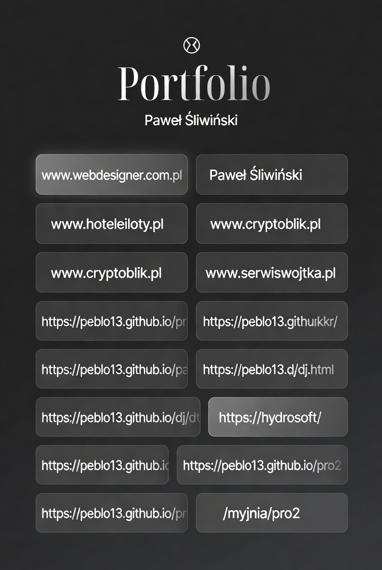 Portfolio web designera Pawła Śliwińskiego z adresami stron internetowych, w tym webdesigner.com.pl, hoteleiloty.pl, cryptoblik.pl i inne projekty.
