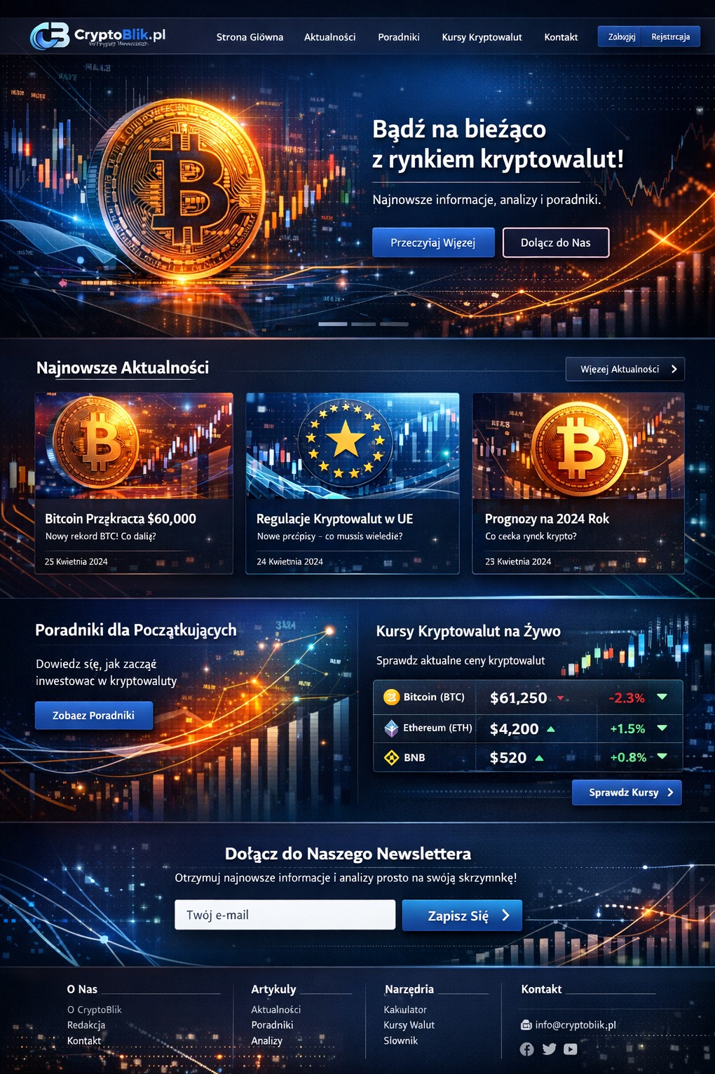 Strona internetowa CryptoBlik.pl z informacjami o kryptowalutach, analizami i poradnikami. Widoczne kursy Bitcoina, Ethereum i BNB. Newsletter i menu.