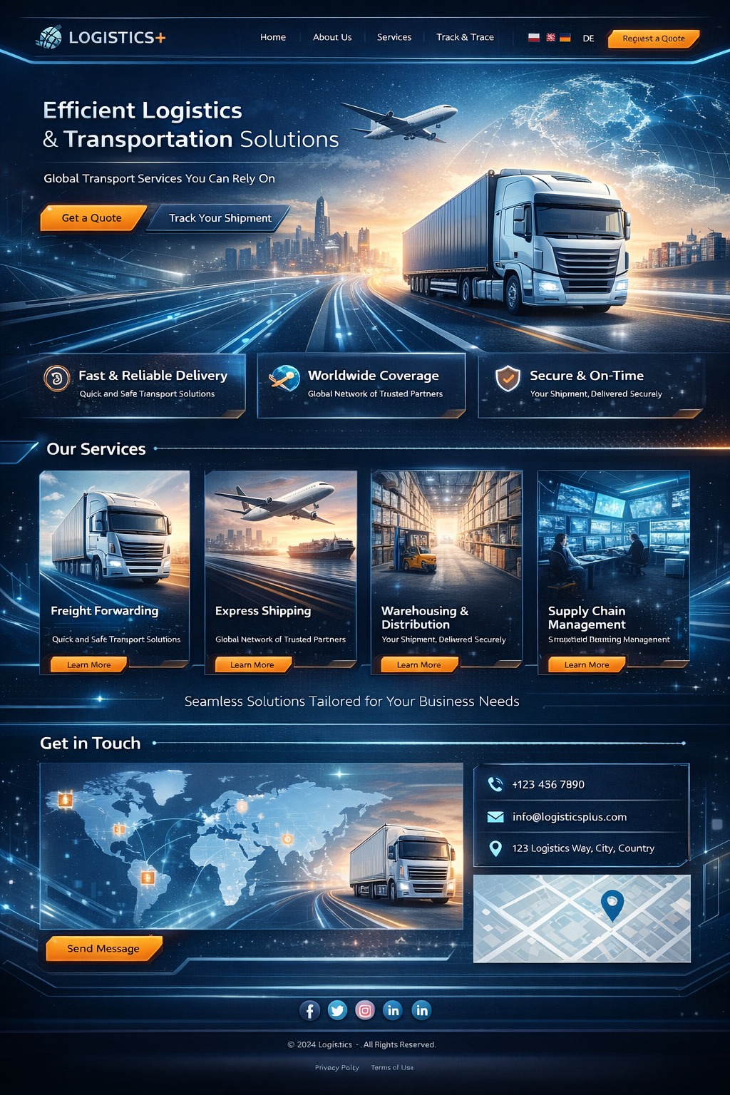 Nowoczesny projekt strony internetowej firmy logistycznej z wizualizacją transportu drogowego i lotniczego, w kolorystyce granatowo-pomarańczowej, z czytelnym układem sekcji.