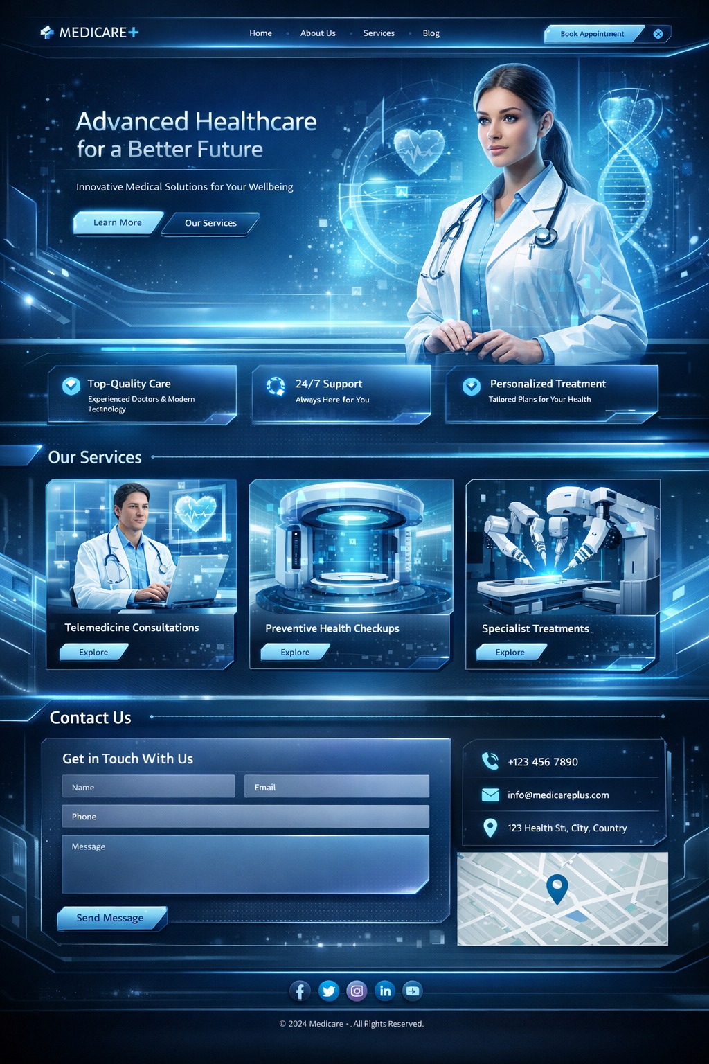 Strona internetowa firmy medycznej z nowoczesnym designem, prezentująca usługi telemedyczne, profilaktyczne badania i specjalistyczne leczenie. Dominuje kolor niebieski.