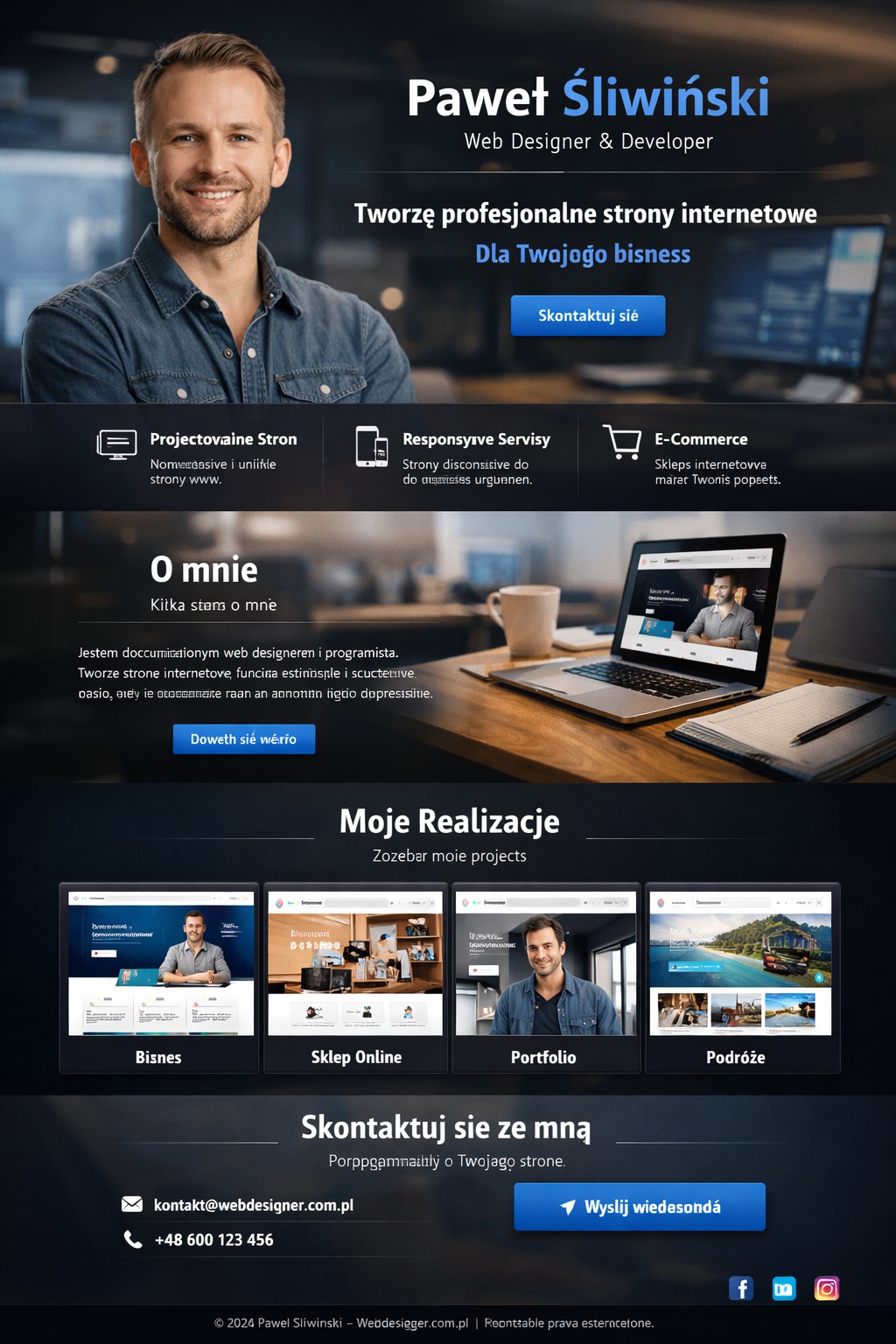 Strona internetowa web developera Pawła Śliwińskiego z sekcją 'Moje Realizacje' prezentującą portfolio: biznes, sklep online, portfolio, podróże. Kontakt i dane.