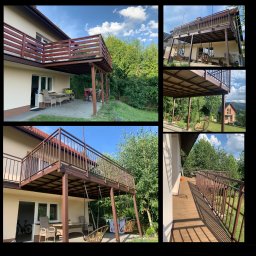 Taras stalowy wykonany ze stali ocynkowanej, lakierowany proszkowo na kolor brązowy mat, podłoga wykonana z deski tarasowej kompozytowej.