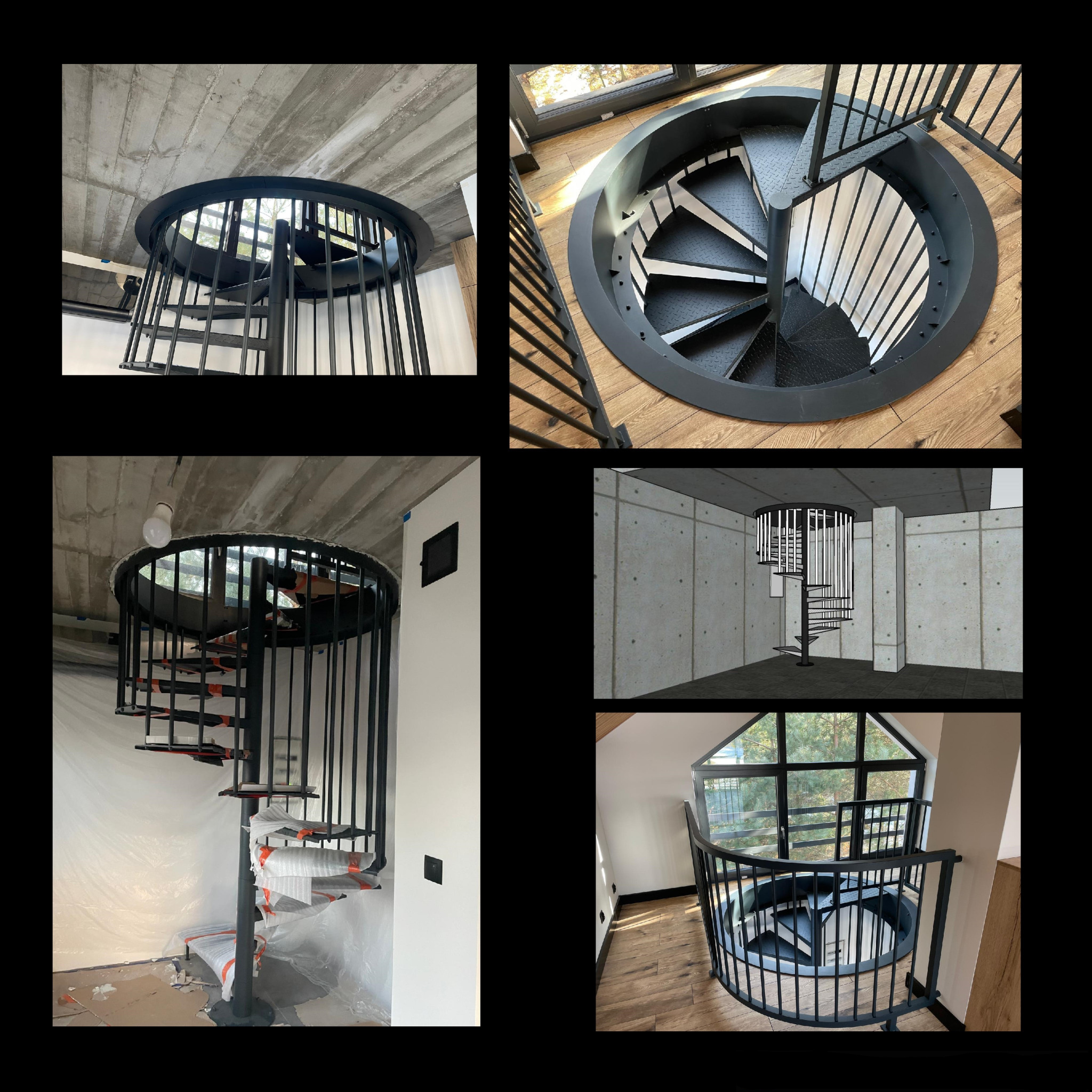 Schody stalowe lakierowane proszkowo na kolor antracytowy, stopnie stalowe z blachy ryflowanej.