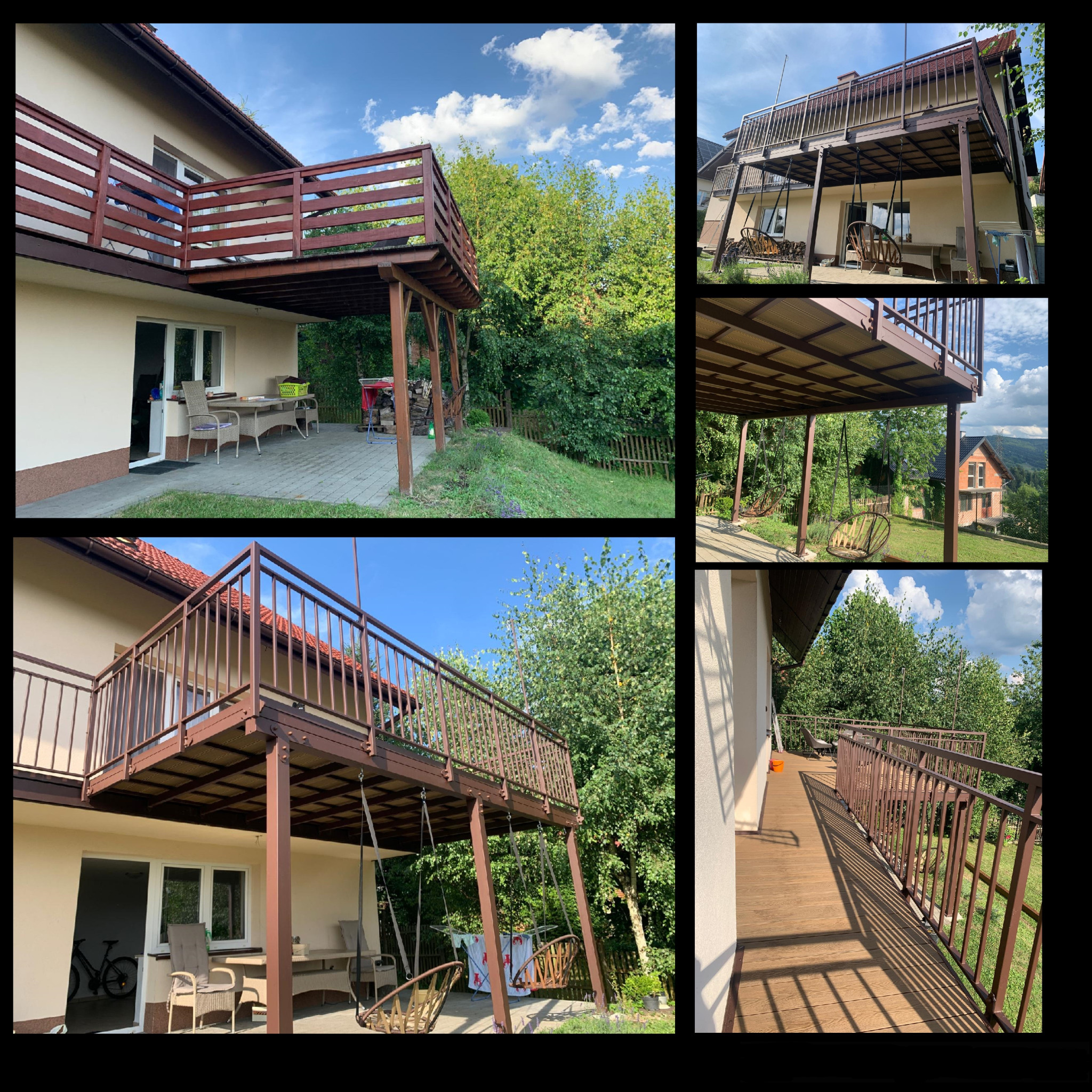 Stalowy taras na piętrze z brązową, kompozytową podłogą i balustradą, widok z różnych perspektyw. Pod spodem huśtawki i meble ogrodowe.