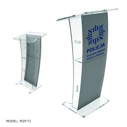 Anna Skowrońska ARTCOP - Dwa przezroczyste pulpity z pleksi, jeden z logo i napisem 'Policja Komenda Miejska Policji w Kaliszu', model MZP-T1.