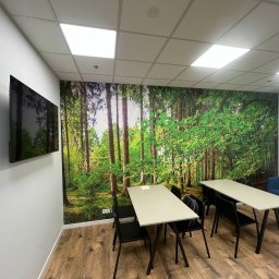 FIT-OUT SOLUTIONS SPÓŁKA Z OGRANICZONĄ ODPOWIEDZIALNOŚCIĄ - Nowoczesne biuro z fototapetą leśną, drewnianą podłogą i minimalistycznymi meblami. Telewizor na ścianie. Jasne oświetlenie sufitowe.