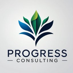 Progress Consulting - Logo firmy PROGRESS CONSULTING z abstrakcyjnym symbolem stylizowanych liści w odcieniach zieleni i błękitu, ułożonych symetrycznie na jasnym tle.