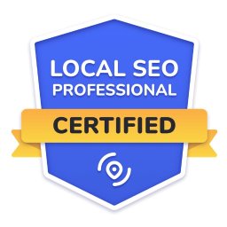 Progress Consulting - Niebieska odznaka w kształcie tarczy z białym obramowaniem, z białymi napisami 'LOCAL SEO PROFESSIONAL' i 'CERTIFIED' na żółtej wstędze. Na dole biała ikona pinezki lokalizacyjnej z falami.